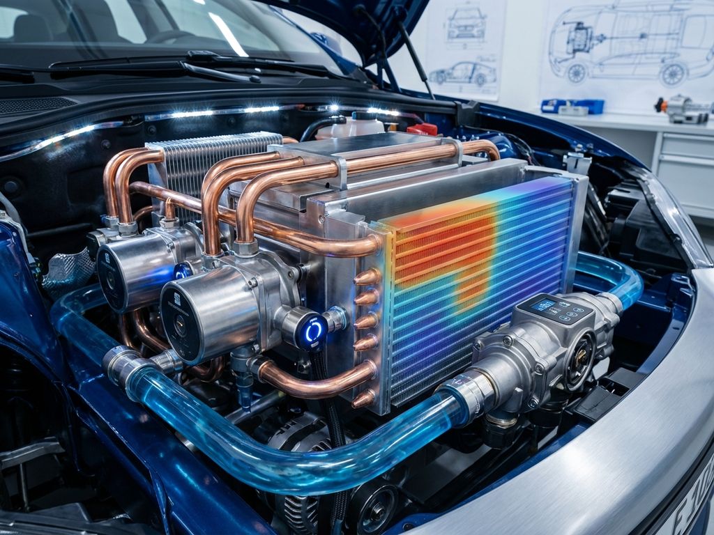 Electric vehicle engine bay cutaway showing copper heat pipes, cooling fins, thermal sensors, and blue coolant flow systems.