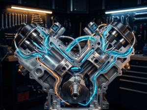 Cross-section of engine block showing thermal management system with blue and orange heat gradients and coolant flow channels.