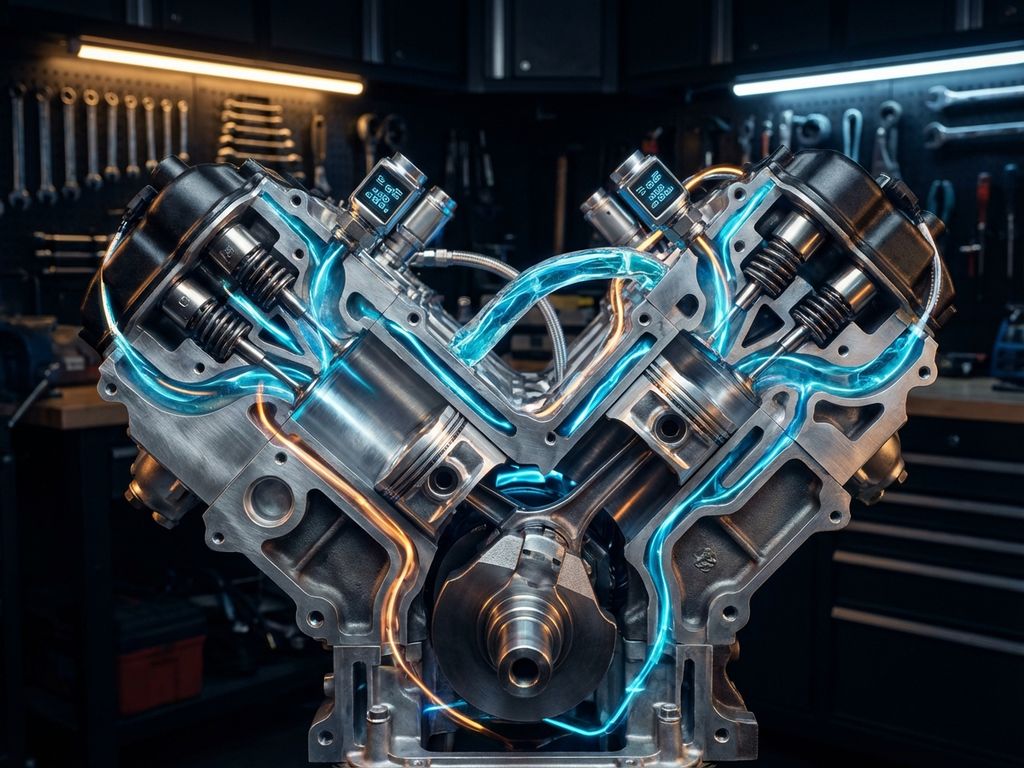 Cross-section of engine block showing thermal management system with blue and orange heat gradients and coolant flow channels.