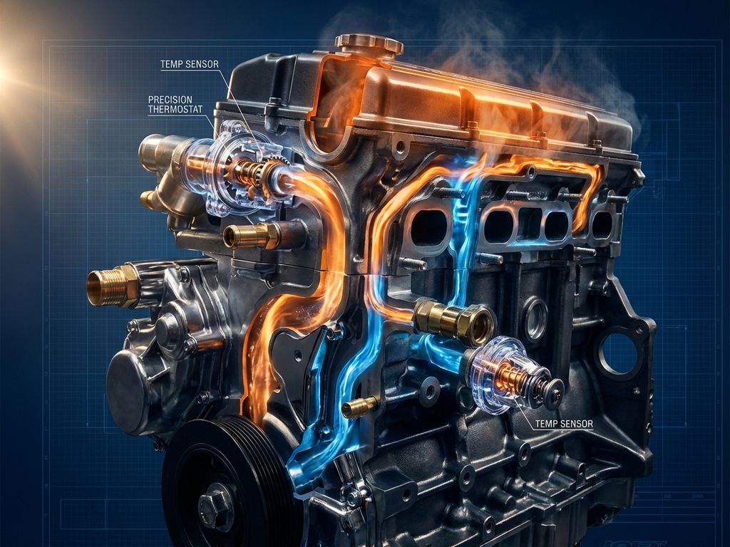 Cross-section of automotive engine block showing thermal management system with highlighted cooling channels and temperature sensors