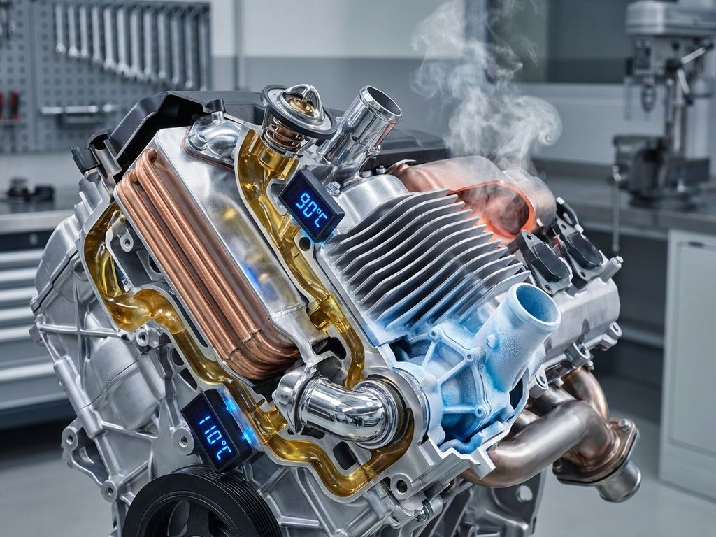 Cutaway automotive engine block showing thermal management system with oil channels, heat exchangers, and temperature sensors