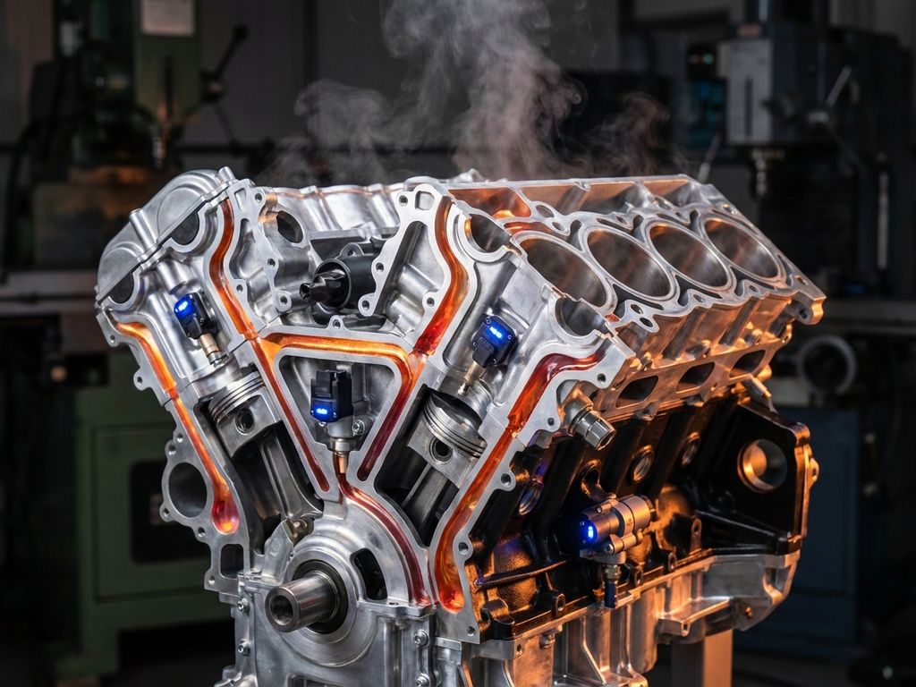 Cutaway view of high-performance engine block showing thermal management systems with glowing heat pathways and cooling channels
