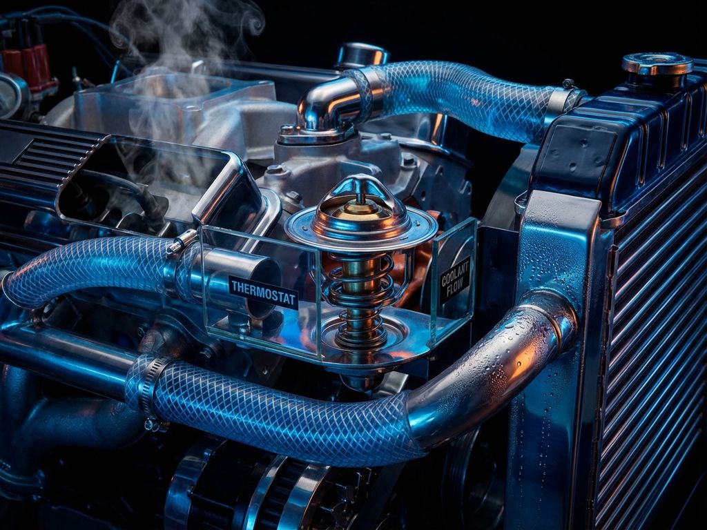 Cross-section of automotive engine cooling system showing blue coolant flowing through metal passages and radiator tubes with central thermostat component.