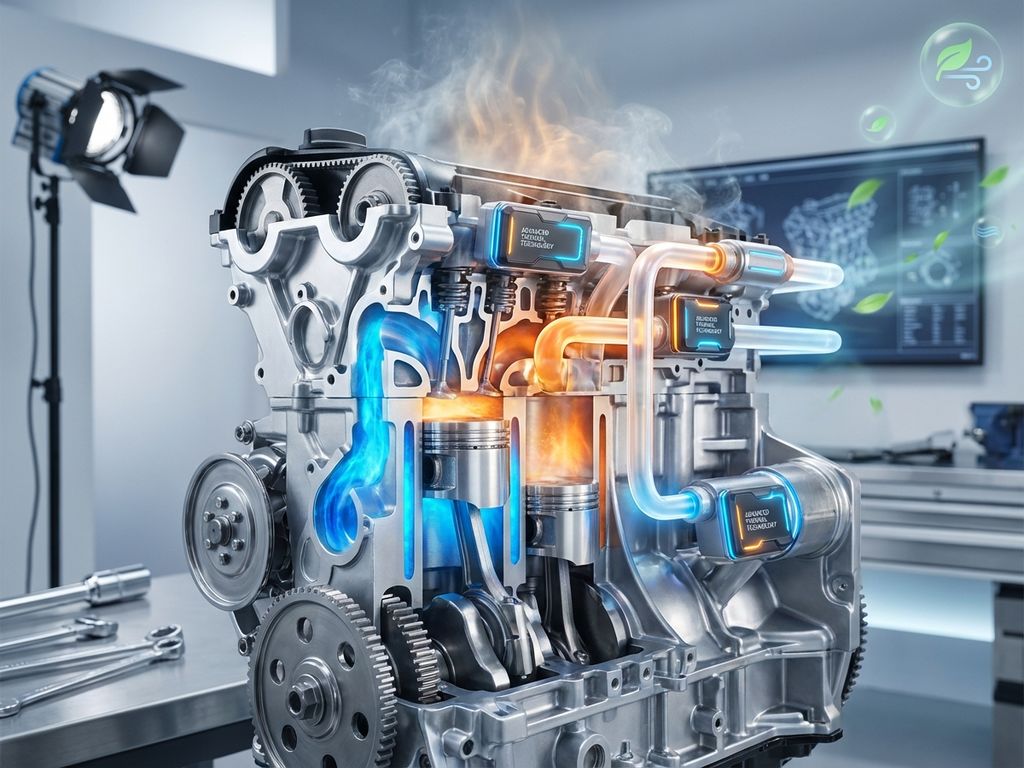 Modern car engine cross-section with glowing blue and orange thermal components, cooling channels, and green eco elements