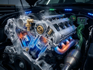 Cross-section of automotive engine showing thermal management system with blue-orange heat gradients and cooling channels