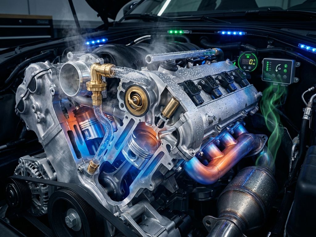 Cross-section of automotive engine showing thermal management system with blue-orange heat gradients and cooling channels