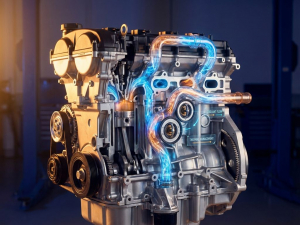 Modern car engine cutaway showing thermal management system with blue and orange heat gradients highlighting cooling components.