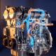 Modern car engine cutaway showing thermal management system with blue and orange heat gradients highlighting cooling components.