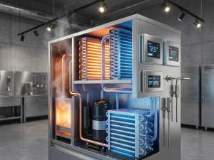 HVAC system cross-section showing thermal management with orange and blue heat flow gradients, thermostat controls, and sensors.