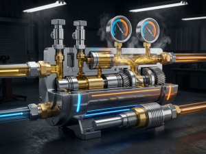 Cross-sectional hydraulic oil temperature regulator with metallic components, flowing golden fluid, and thermal sensors