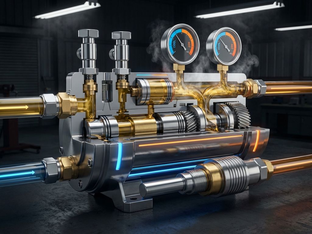 Cross-sectional hydraulic oil temperature regulator with metallic components, flowing golden fluid, and thermal sensors