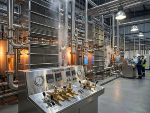Industrial thermal management facility with stainless steel pipes, heat exchangers, and control systems with steam effects.