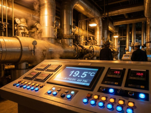 Industrial thermostat control panel with digital temperature displays and LED indicators in modern factory control room