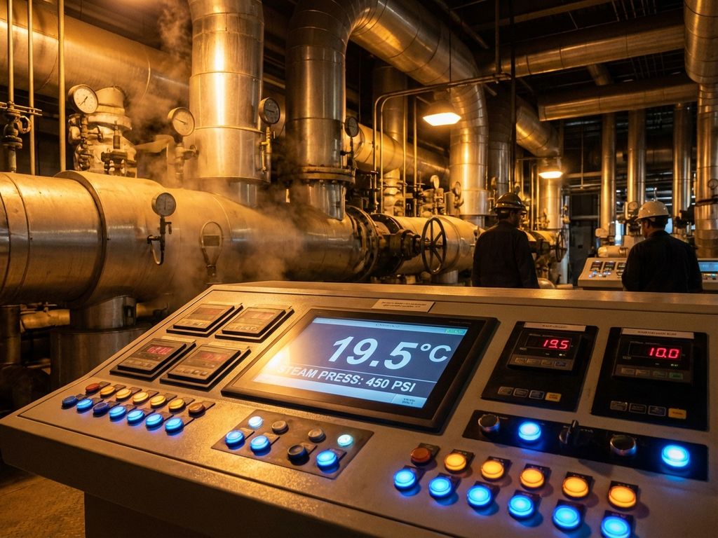 Industrial thermostat control panel with digital temperature displays and LED indicators in modern factory control room