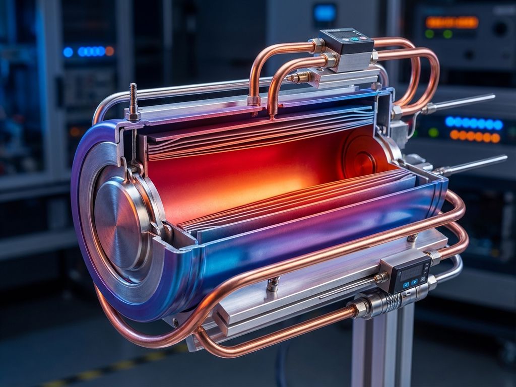 Cross-section of lithium-ion battery cell with thermal heat mapping and cooling system components on dark background.