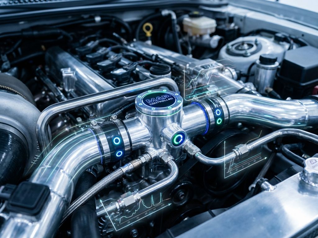 Map-controlled thermostat with LED indicators in automotive engine bay, showing cooling system pipes and digital data overlays