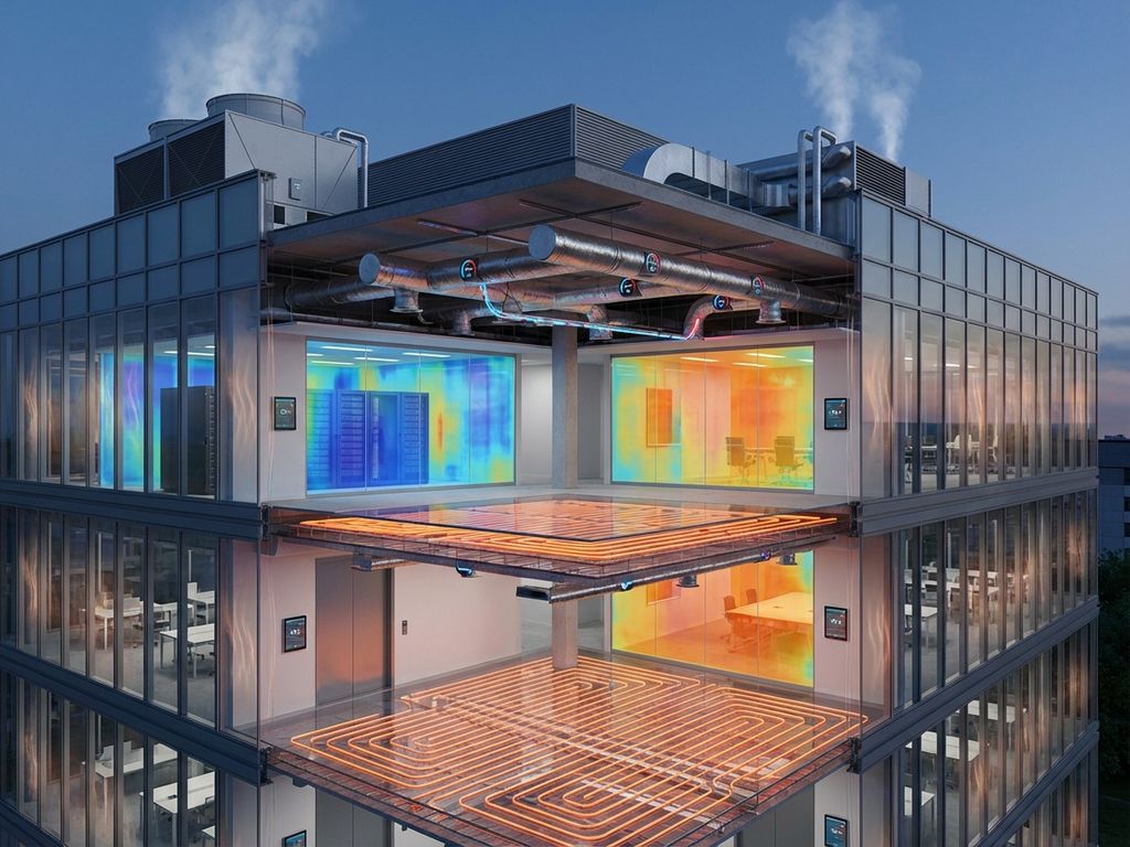 Cross-section of smart building showing HVAC ducts, radiant floor heating, and thermal control systems with blue and orange zones.
