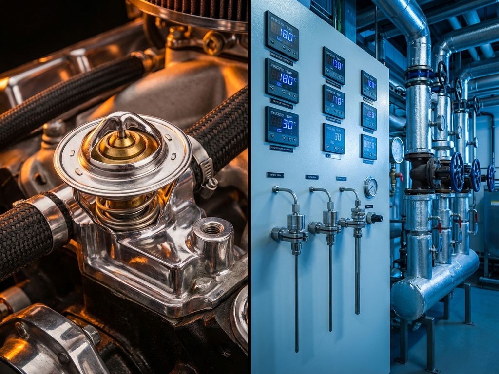 Split-screen showing chrome automotive thermostat with wax pellet mechanism and industrial temperature control panel with digital displays.