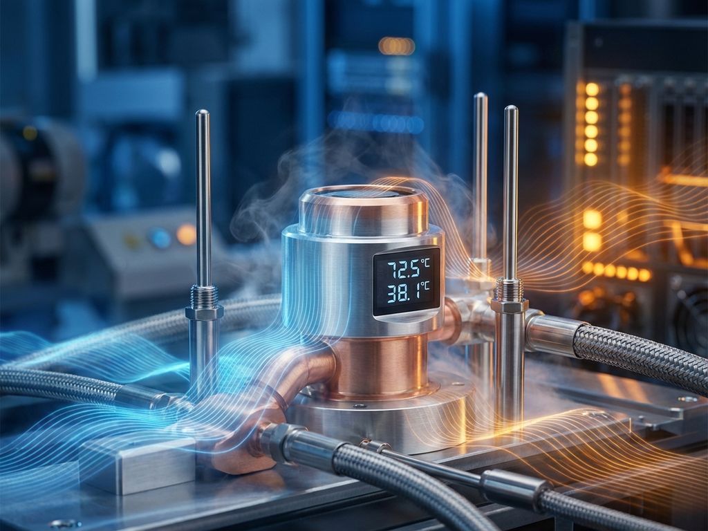 Advanced thermal management components with metallic thermostats and temperature sensors in blue-orange gradient lighting