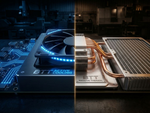 Split-screen thermal management systems: electronic cooling fan with LED indicators on left, heat sinks and copper radiator fins on right