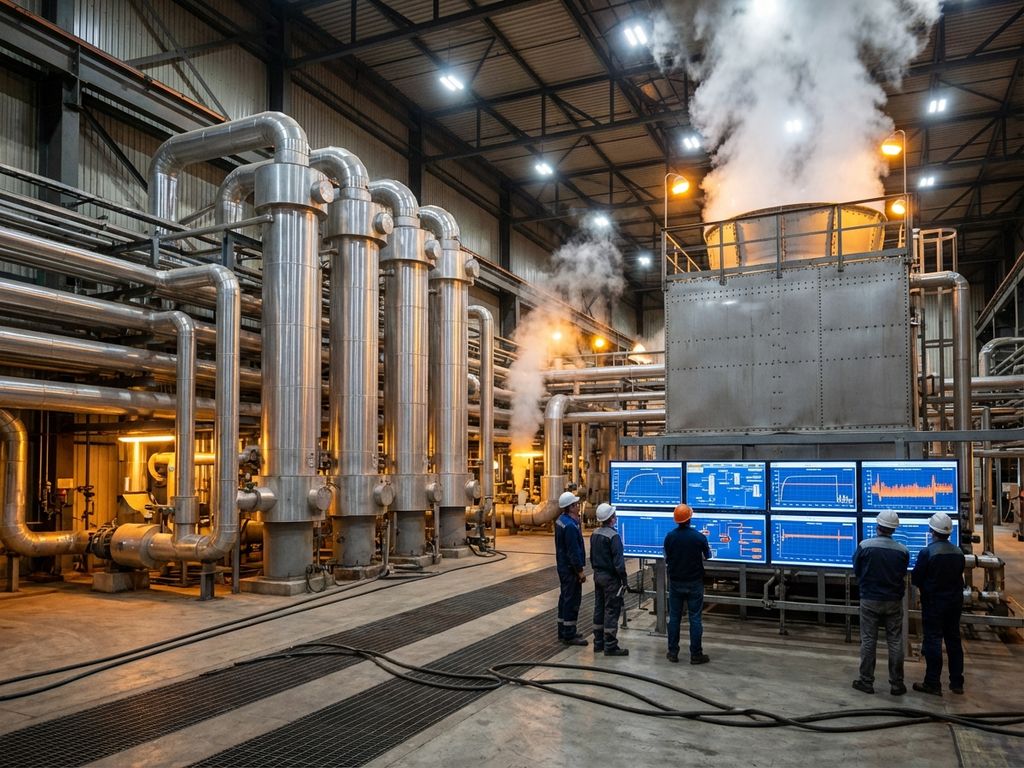 Industrial thermal management facility with steel pipes, heat exchangers, control panels, and temperature monitoring displays with steam rising from equipment.