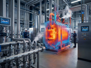 Industrial thermal management facility with stainless steel pipes, heat exchangers, and thermal imaging overlays showing heat flow patterns.