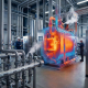 Industrial thermal management facility with stainless steel pipes, heat exchangers, and thermal imaging overlays showing heat flow patterns.