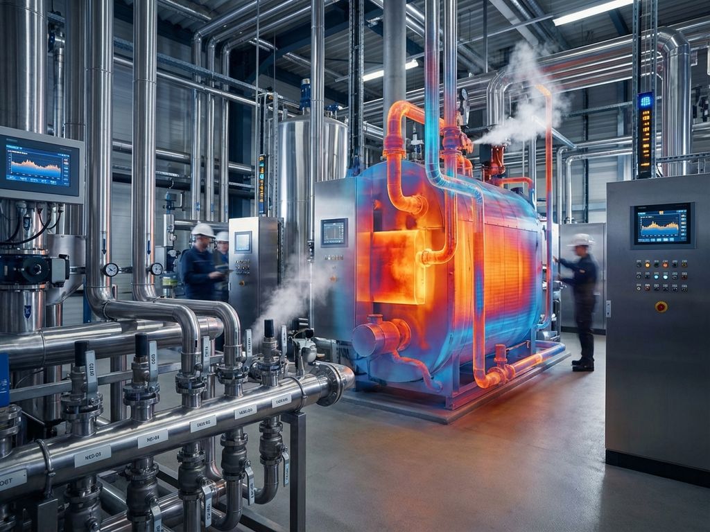 Industrial thermal management facility with stainless steel pipes, heat exchangers, and thermal imaging overlays showing heat flow patterns.