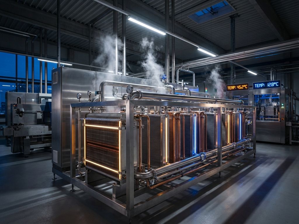 Advanced thermal management heat exchangers with cooling fins and temperature controls in modern industrial facility