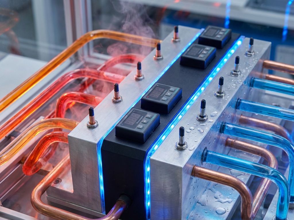 Cross-section of thermal management system showing copper pipes, thermostats, and temperature sensors with heat gradients