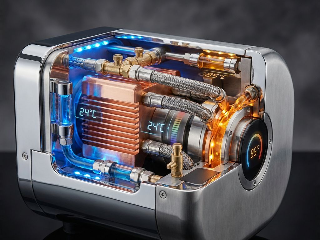 Cross-section of thermal management system showing metallic components, coolant channels, and heat exchange surfaces with blue and orange temperature gradients.