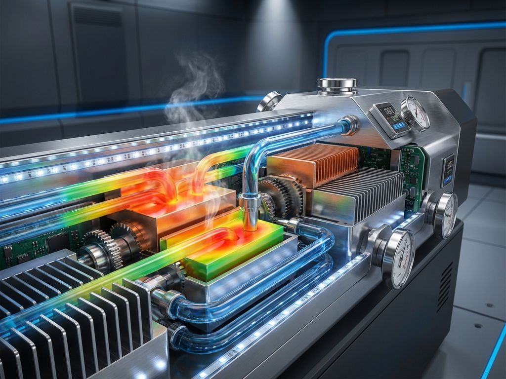 Cross-section of high-tech thermal management system with metallic components, blue LED lighting, and flowing coolant channels.
