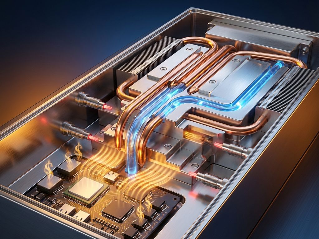 Cross-section of thermal management system with copper heat pipes, cooling fins, and blue thermal fluid streams.
