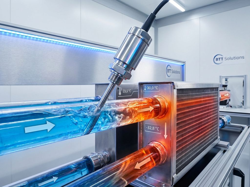 Temperature sensor probe in thermal management system with color-coded coolant flow from blue cool zones to red hot areas.