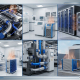 Six industrial environments displaying BTT's blue and silver thermal management components across automotive, medical, data center, aerospace, manufacturing, and HVAC applications.