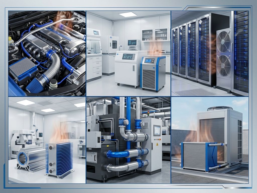 Six industrial environments displaying BTT's blue and silver thermal management components across automotive, medical, data center, aerospace, manufacturing, and HVAC applications.