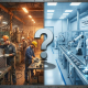 Split-screen comparison of cluttered in-house factory versus modern outsourced manufacturing facility with question mark overlay