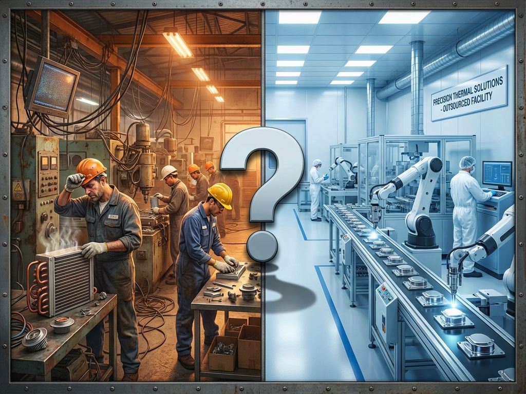 Split-screen comparison of cluttered in-house factory versus modern outsourced manufacturing facility with question mark overlay