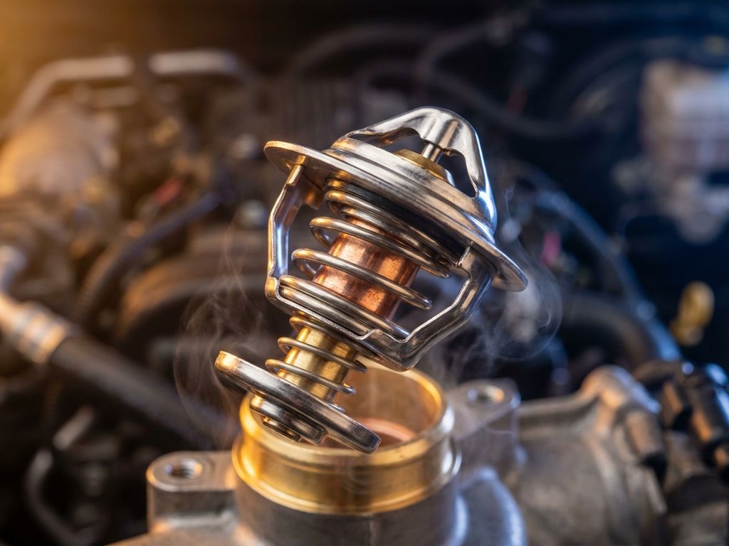 Automotive thermostat component with brass valve mechanism and temperature sensor in engine bay with steam wisps