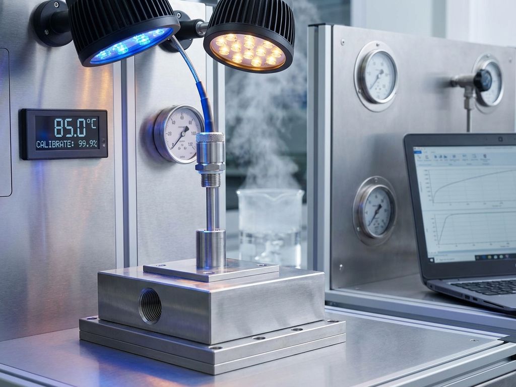 Precision thermostat calibration equipment with digital displays and LED indicators in manufacturing facility testing setup.