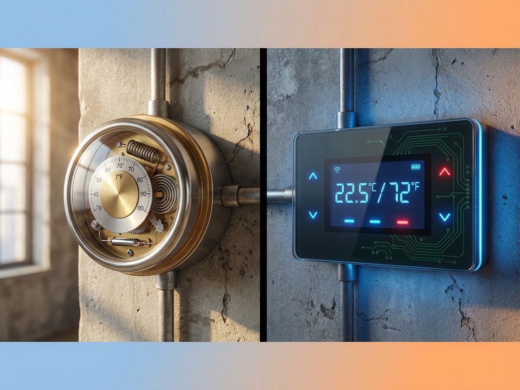 Split-screen comparison of mechanical brass thermostat and modern digital thermostat with LED display on industrial surface
