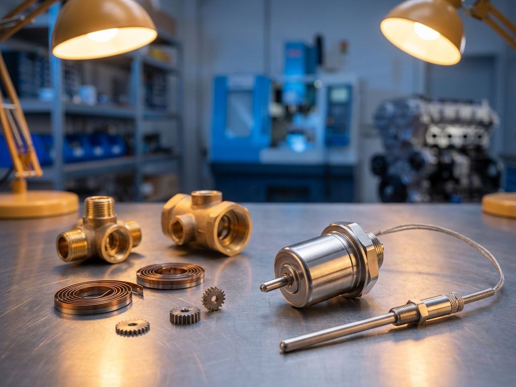 Precision thermostat components with metallic valve assemblies and temperature sensors on industrial surface