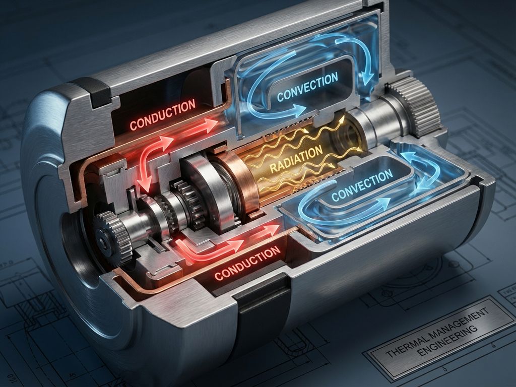 Cross-section of modern thermostat showing heat transfer: red conduction arrows, blue convection currents, golden radiation waves.