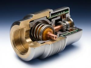 Cross-section of modern thermostat showing internal wax element, spring valve, and precision-engineered components