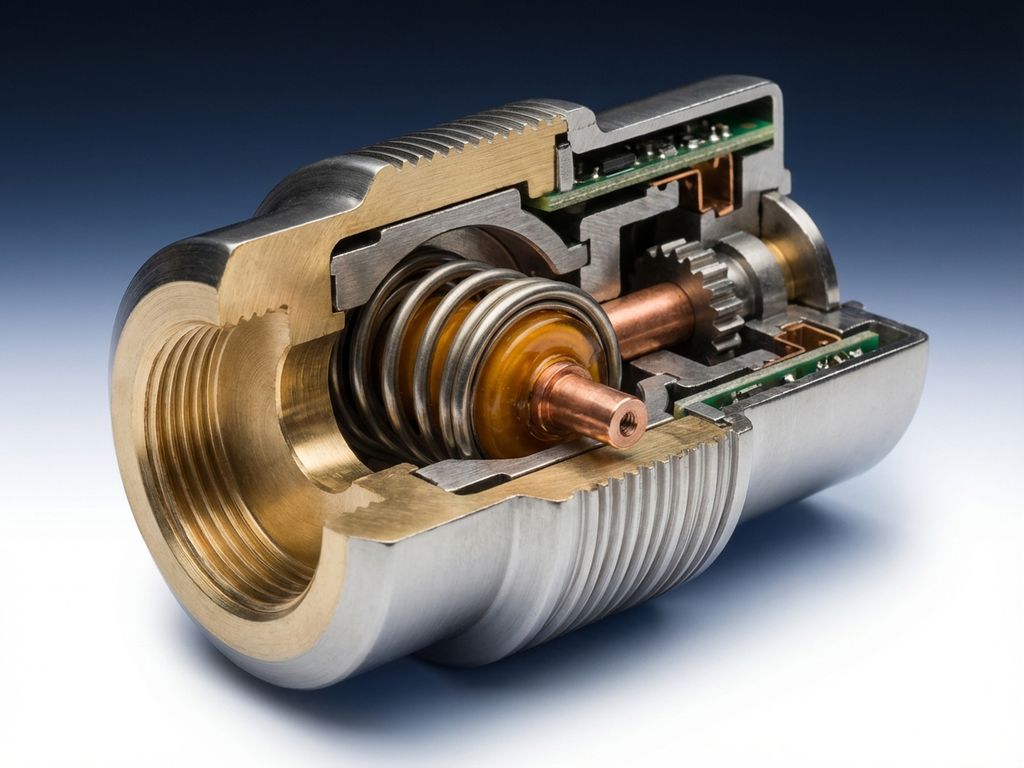 Cross-section of modern thermostat showing internal wax element, spring valve, and precision-engineered components