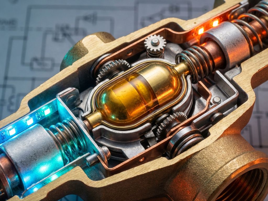 Cross-section of thermostat with brass wax-filled capsule center, mechanical springs, blue-to-orange temperature gradient