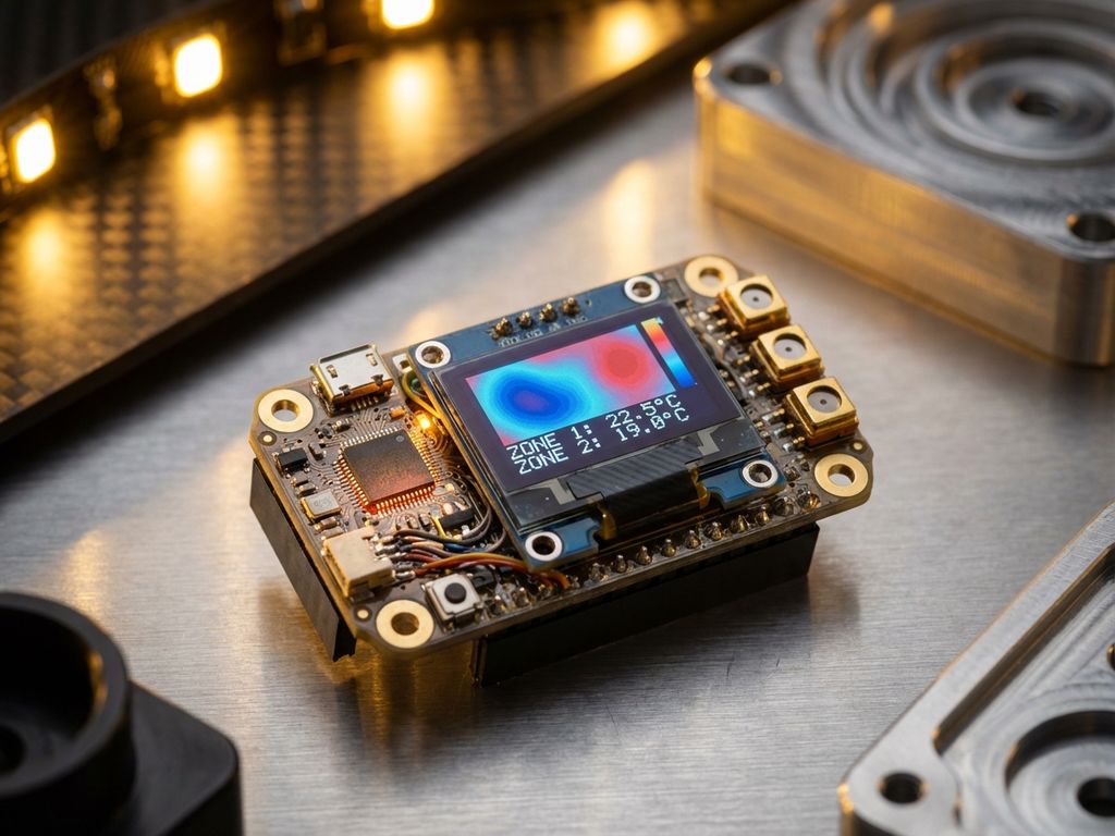 Electronic thermostat with digital display showing temperature zones in blue and red on metallic industrial surface