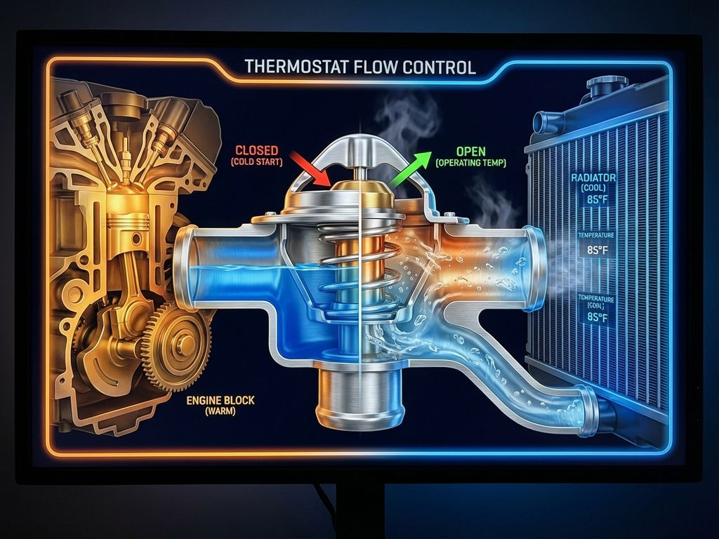Car engine cooling system cross-section showing thermostat valve in open and closed positions with coolant flow paths.