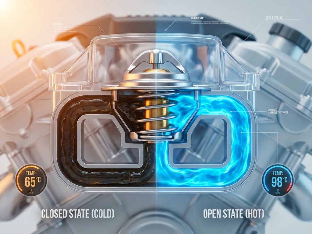 Automotive engine thermostat cross-section showing closed and open positions with blue coolant flow and internal mechanisms