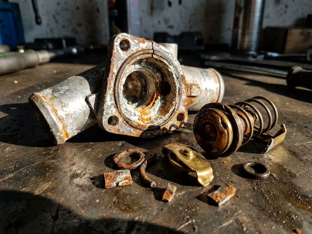 Damaged car thermostat with rust, cracks, and broken parts including spring and valve on workshop surface